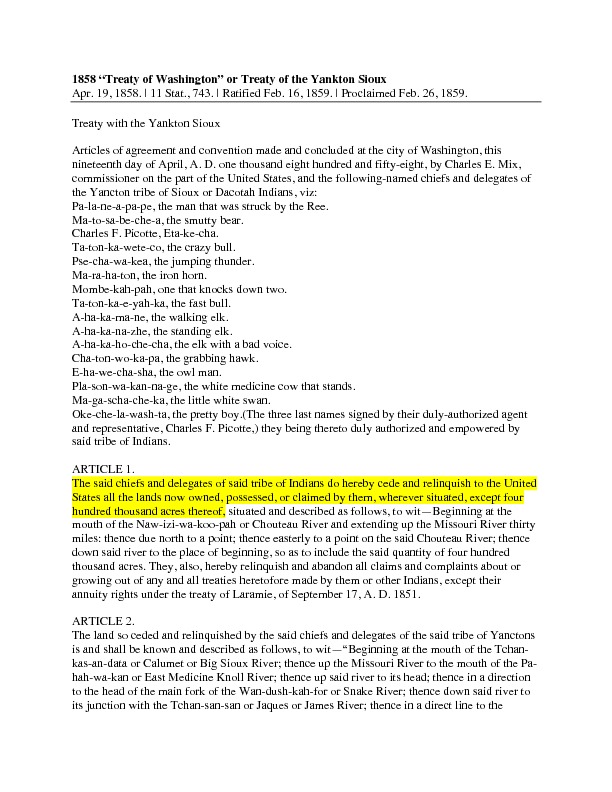 1858 Treaty of Washington/Treaty with the Yankton Sioux Transcript 1858 Treaty of Washington/Treaty with the Yankton Sioux Transcript