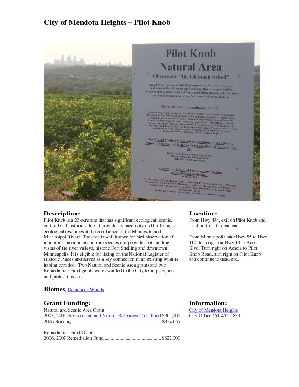 State Grants for Pilot Knob Preservation State Grants for Pilot Knob Preservation