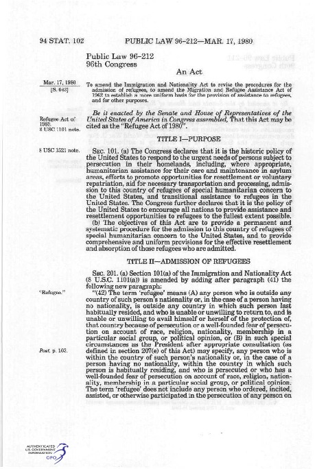 United States Refugee Act of 1980 United States Refugee Act of 1980