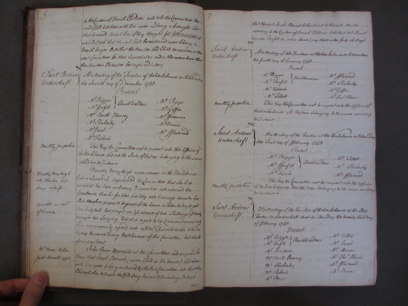 St Andrew Undershaft - Workhouse Minute Book 1748-1780 p6-7 image 1 St Andrew Undershaft - Workhouse Minute Book 1748-1780 p6-7 image 1