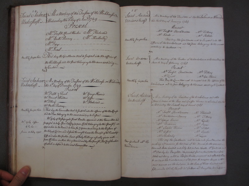 St Andrew Undershaft - Workhouse Minute Book 1748-1780 p14-15 image 1 St Andrew Undershaft - Workhouse Minute Book 1748-1780 p14-15 image 1