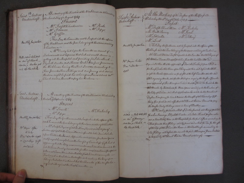 St Andrew Undershaft - Workhouse Minute Book 1748-1780 p12-13 image 1