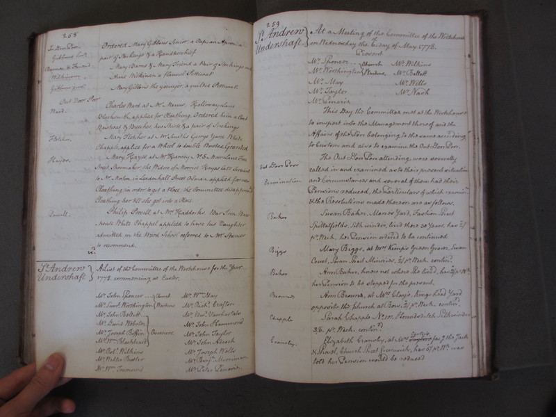 St Andrew Undershaft - Workhouse Minute Book 1748-1780 p258-259 image 1 St Andrew Undershaft - Workhouse Minute Book 1748-1780 p258-259 image 1