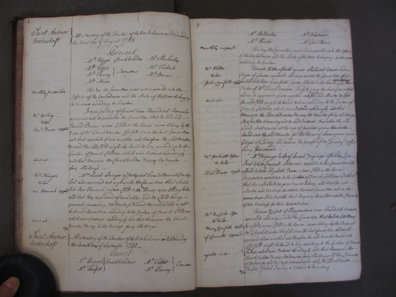St Andrew Undershaft - Workhouse Minute Book 1748-1780 p2-3 image 1 St Andrew Undershaft - Workhouse Minute Book 1748-1780 p2-3 image 1