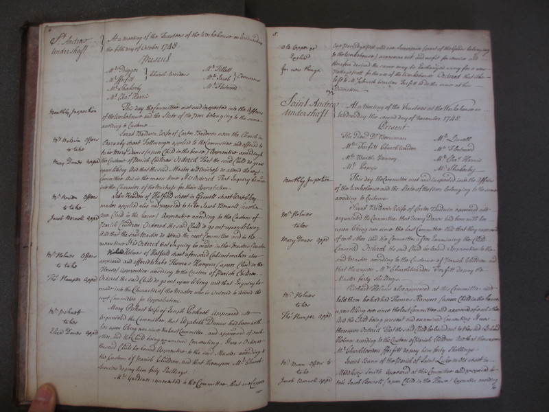 St Andrew Undershaft - Workhouse Minute Book 1748-1780 p4-5 image 1 St Andrew Undershaft - Workhouse Minute Book 1748-1780 p4-5 image 1