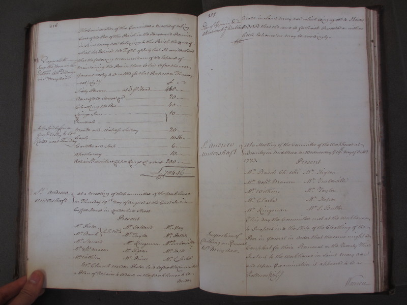 St Andrew Undershaft - Workhouse Minute Book 1748-1780 p216-217 image 1 St Andrew Undershaft - Workhouse Minute Book 1748-1780 p216-217 image 1