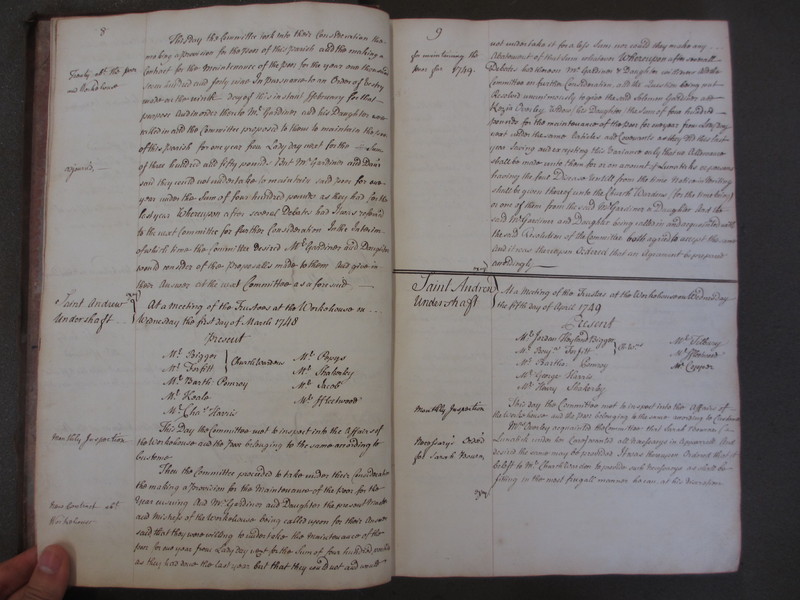 St Andrew Undershaft - Workhouse Minute Book 1748-1780 p8-9 image 1 St Andrew Undershaft - Workhouse Minute Book 1748-1780 p8-9 image 1