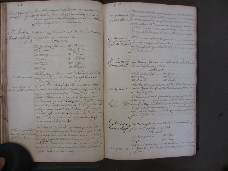 St Andrew Undershaft - Workhouse Minute Book 1748-1780 p44-45 image 1 St Andrew Undershaft - Workhouse Minute Book 1748-1780 p44-45 image 1